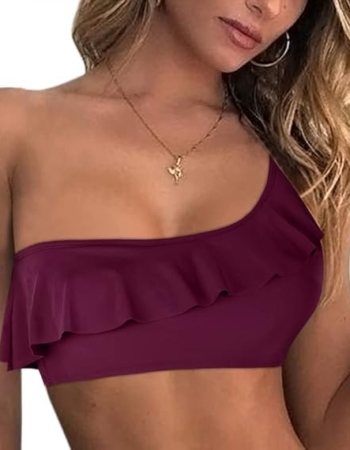 One shoulder bikini top (Firpearl Women’s Bikini Tops Ruffle Bathing Suit Top)